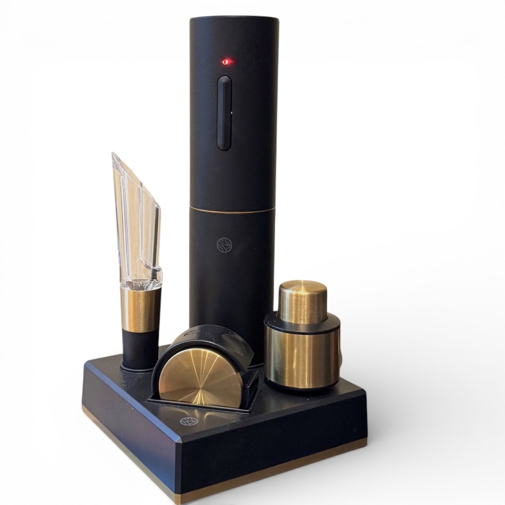 RBT Electric Wine Opener 5-Piece Set Black & Gold Rechargeable Corkscrew NIB